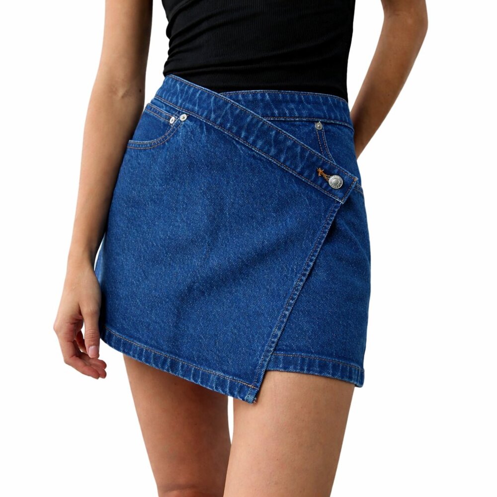 AMERICAN EAGLE AE Mid-Rise Mini Jean Skirt Blue Sz 6 Asymmetric Denim Crossover